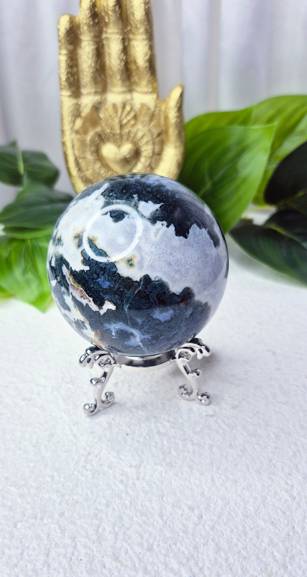 Moss Agate Sphere on Stand #B