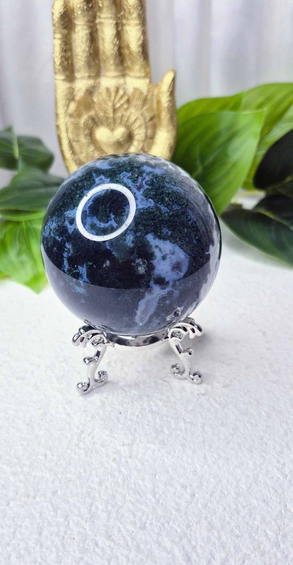 Moss Agate Sphere on Stand #B