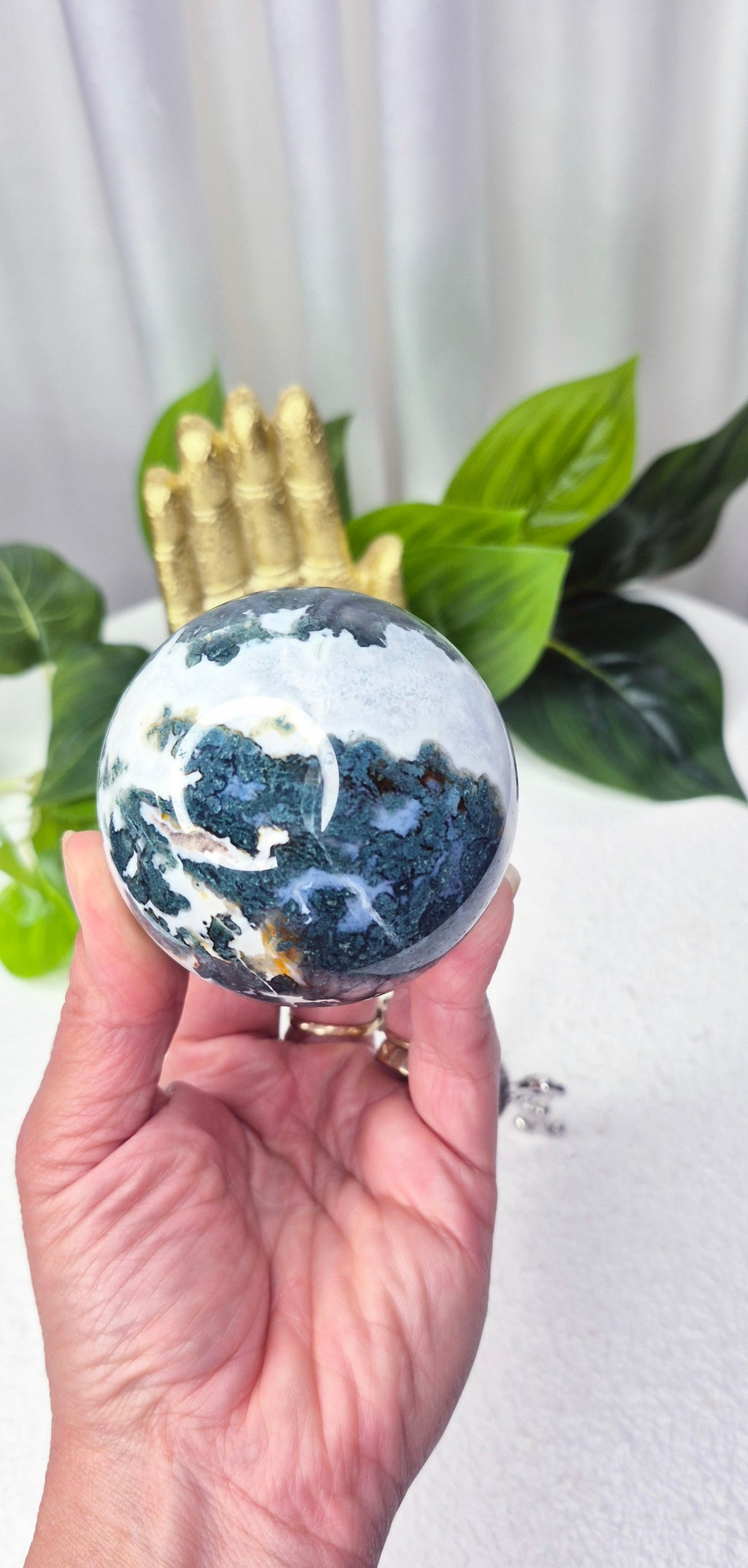 Moss Agate Sphere on Stand #B