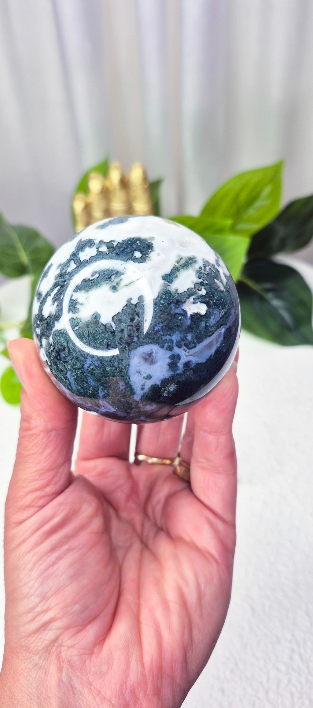 Moss Agate Sphere on Stand #B