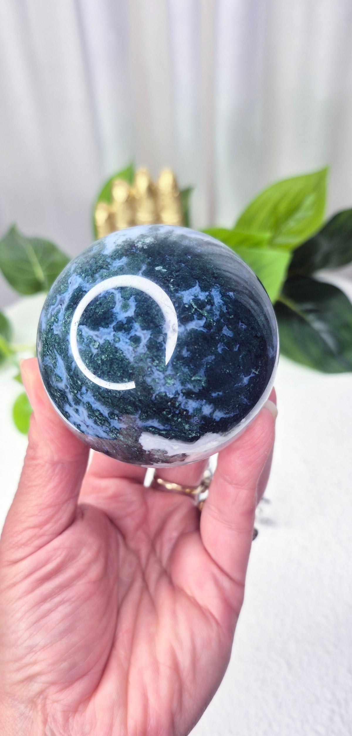 Moss Agate Sphere on Stand #B