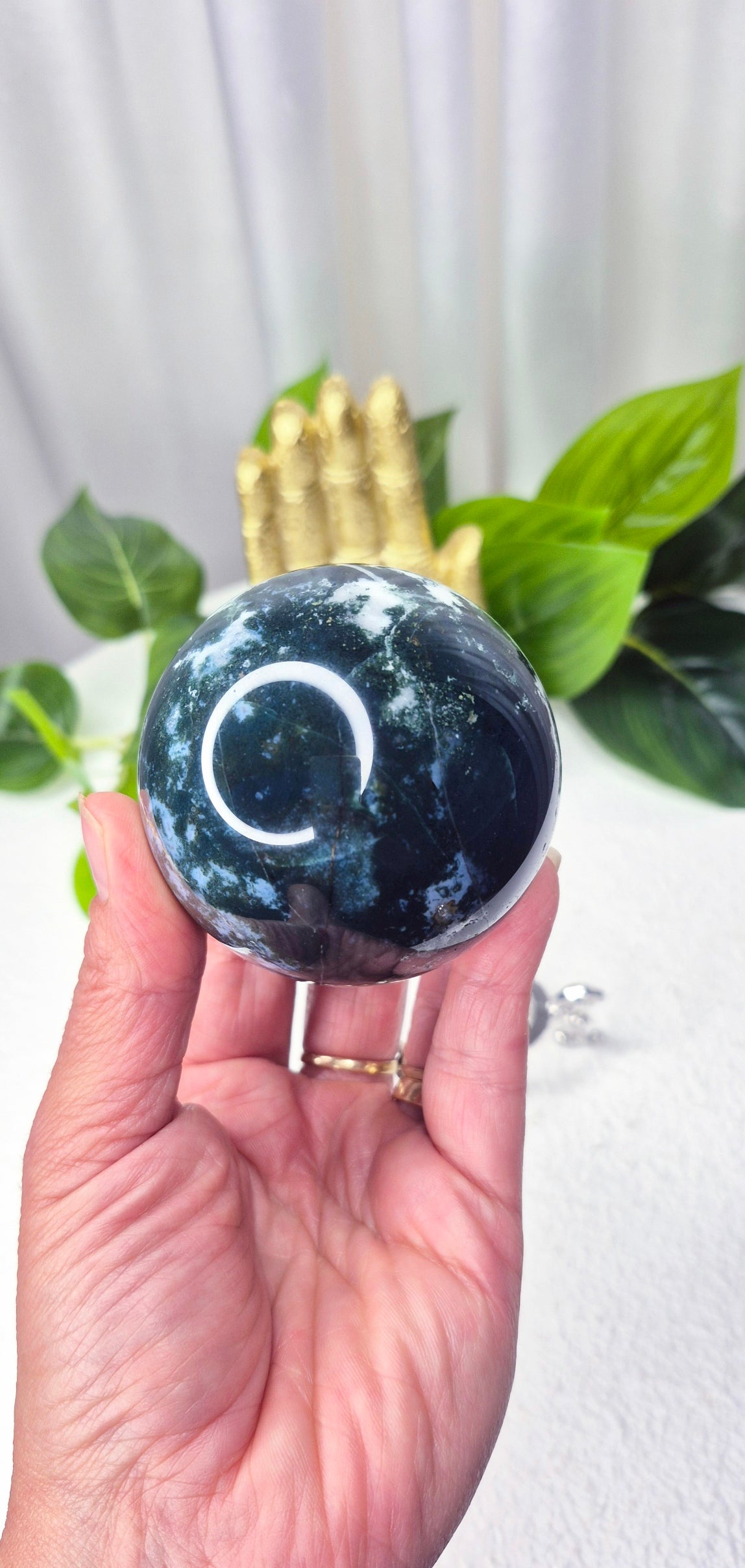 Moss Agate Sphere on Stand #C
