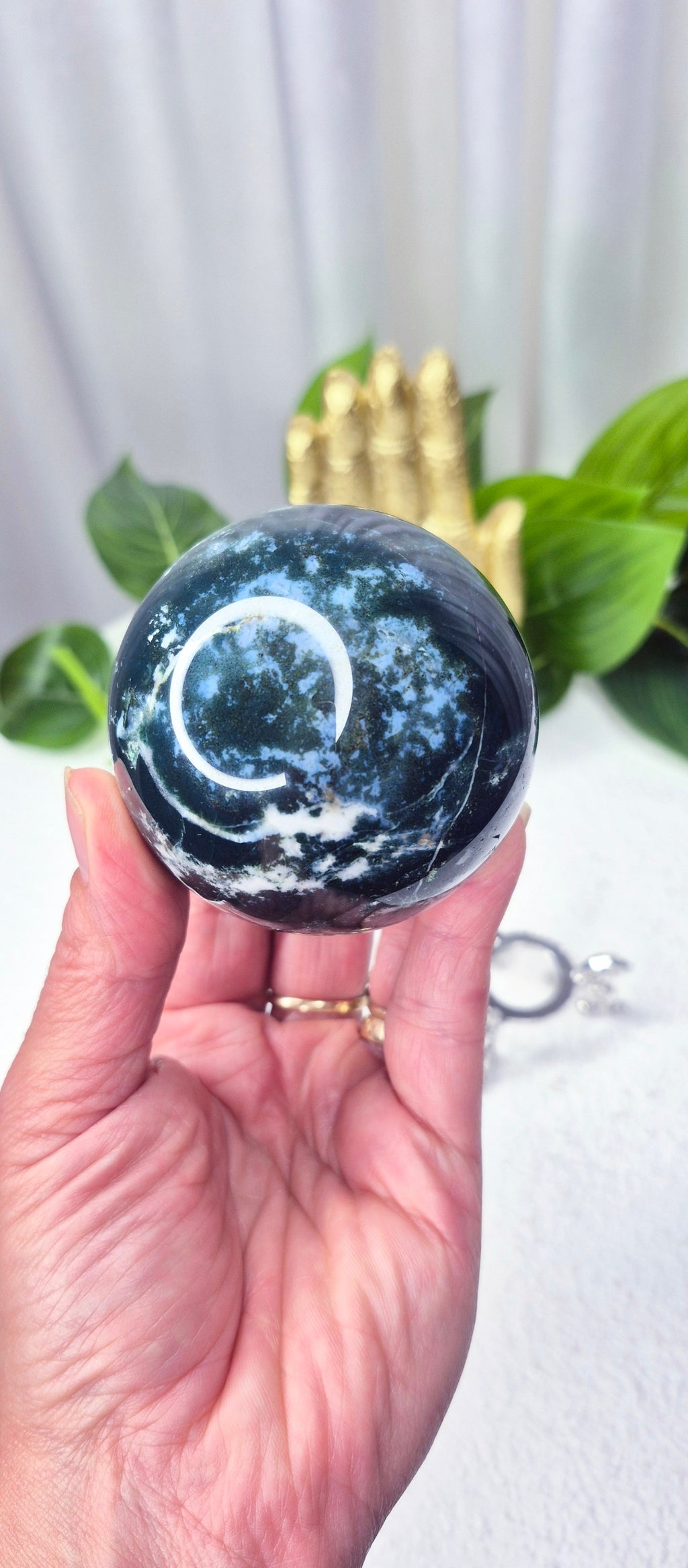 Moss Agate Sphere on Stand #C