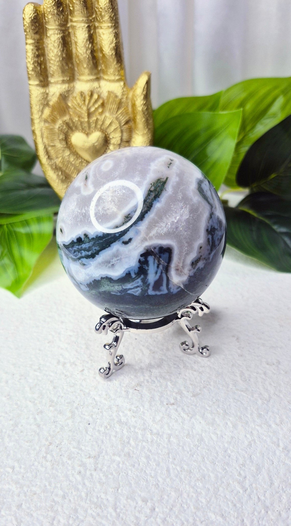 Moss Agate Sphere on Stand #D