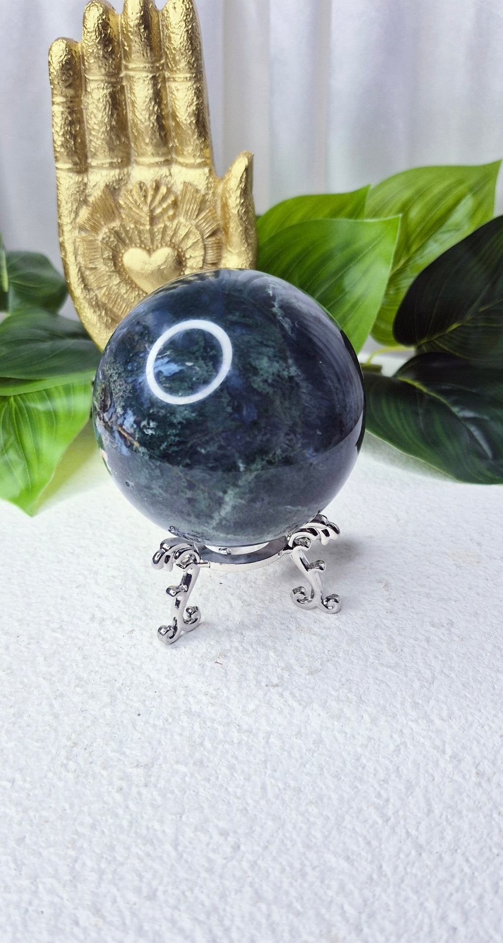 Moss Agate Sphere on Stand #D