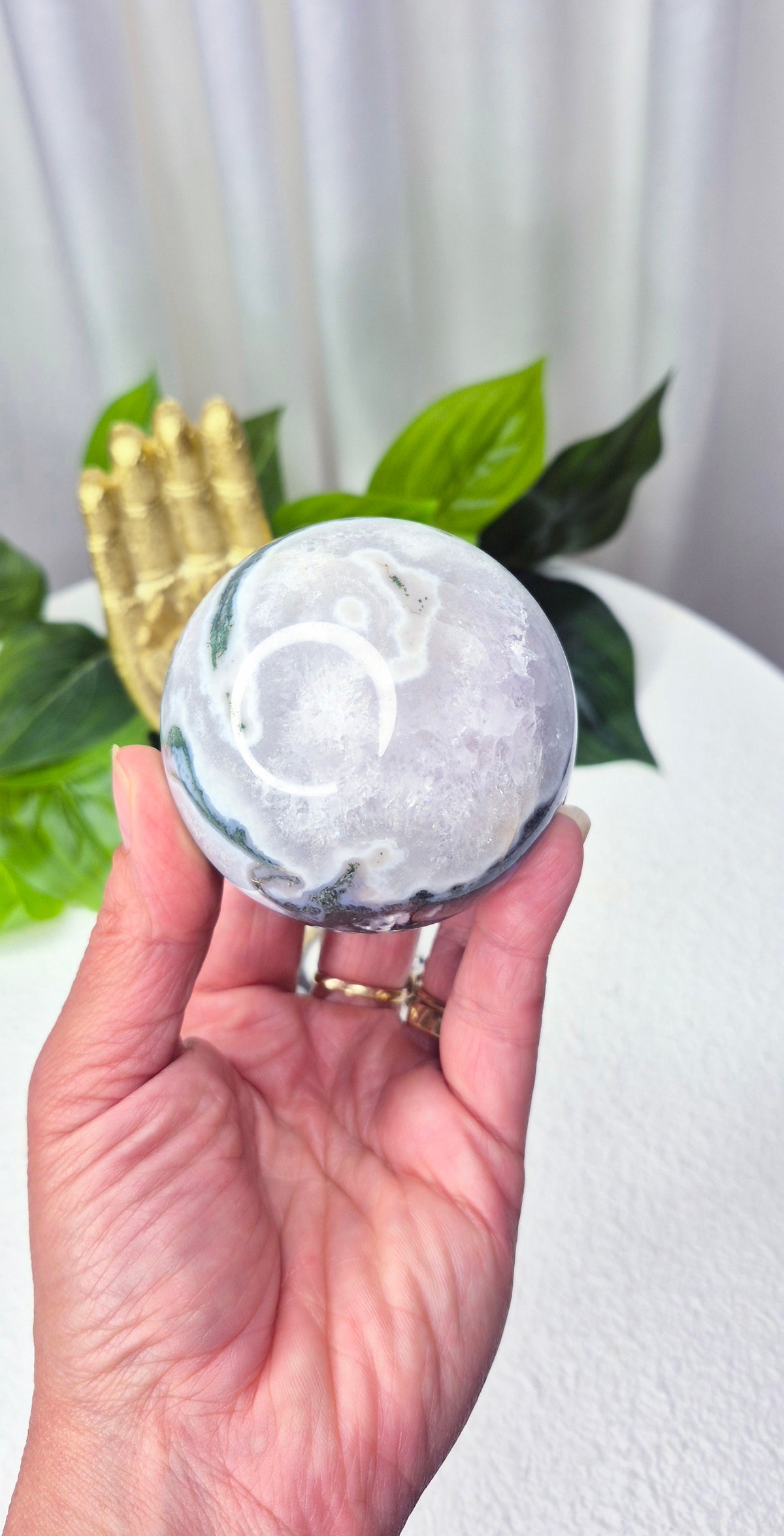 Moss Agate Sphere on Stand #D