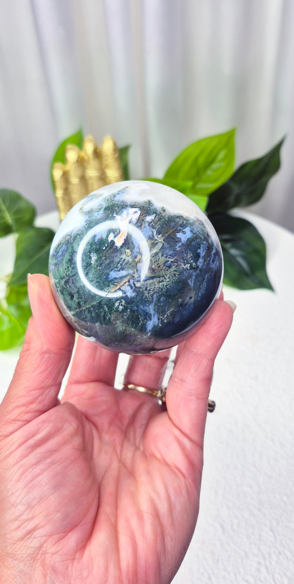 Moss Agate Sphere on Stand #D