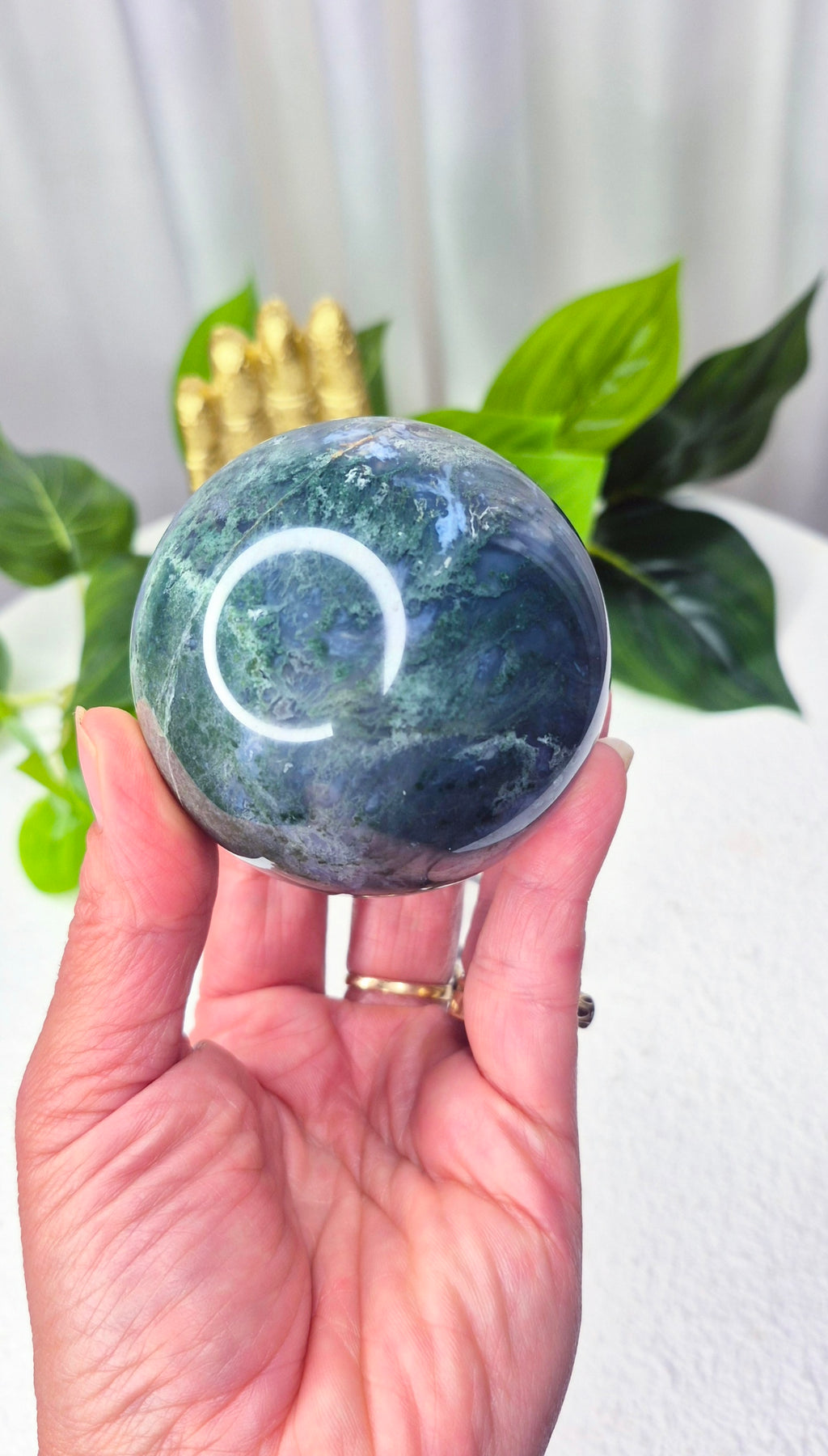 Moss Agate Sphere on Stand #D