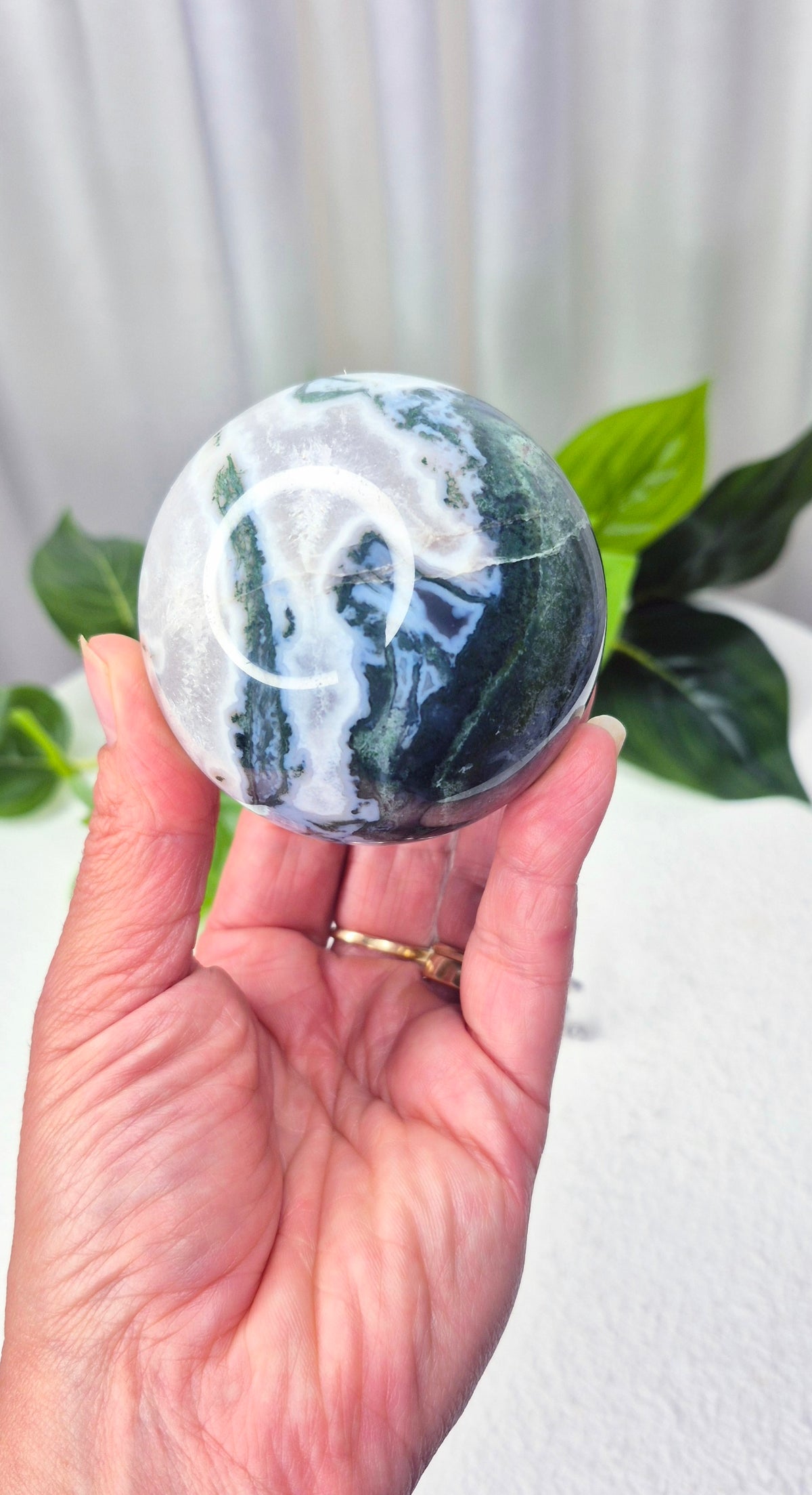 Moss Agate Sphere on Stand #D