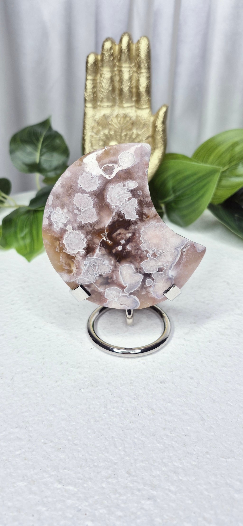 Pink Amethyst X Flower Agate Moon Carving on Stand #B