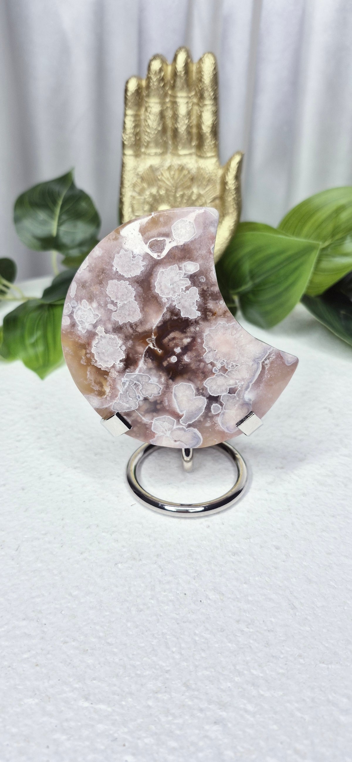 Pink Amethyst X Flower Agate Moon Carving on Stand #B