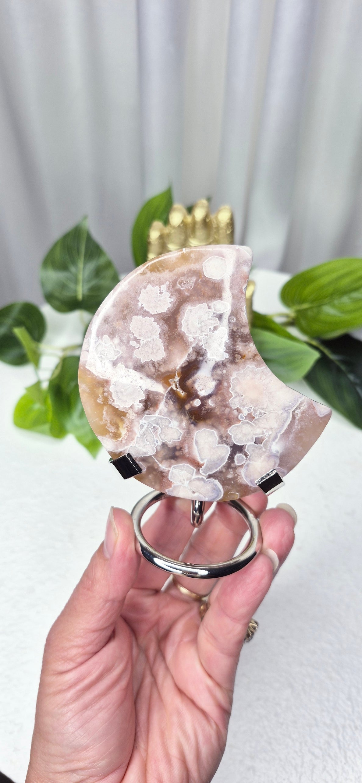 Pink Amethyst X Flower Agate Moon Carving on Stand #B