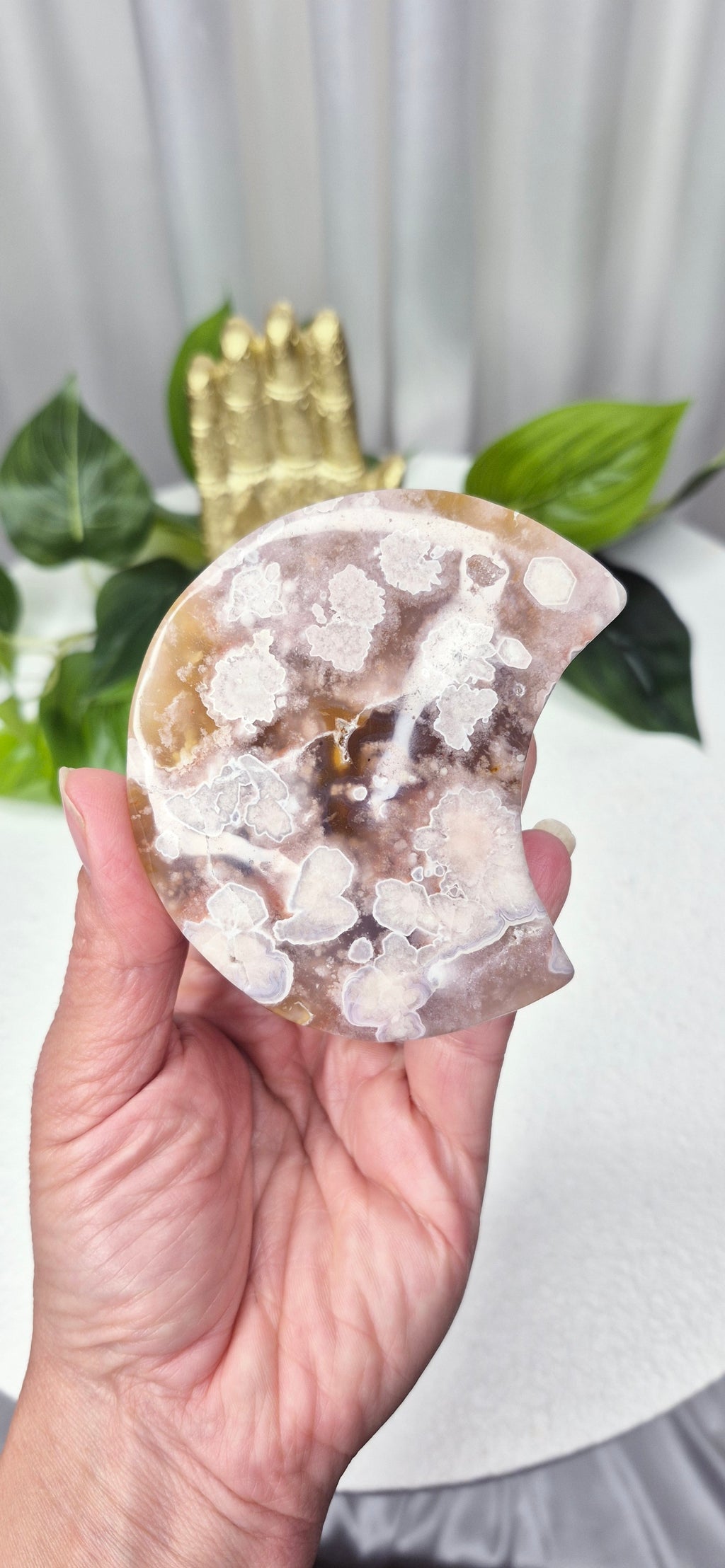Pink Amethyst X Flower Agate Moon Carving on Stand #B