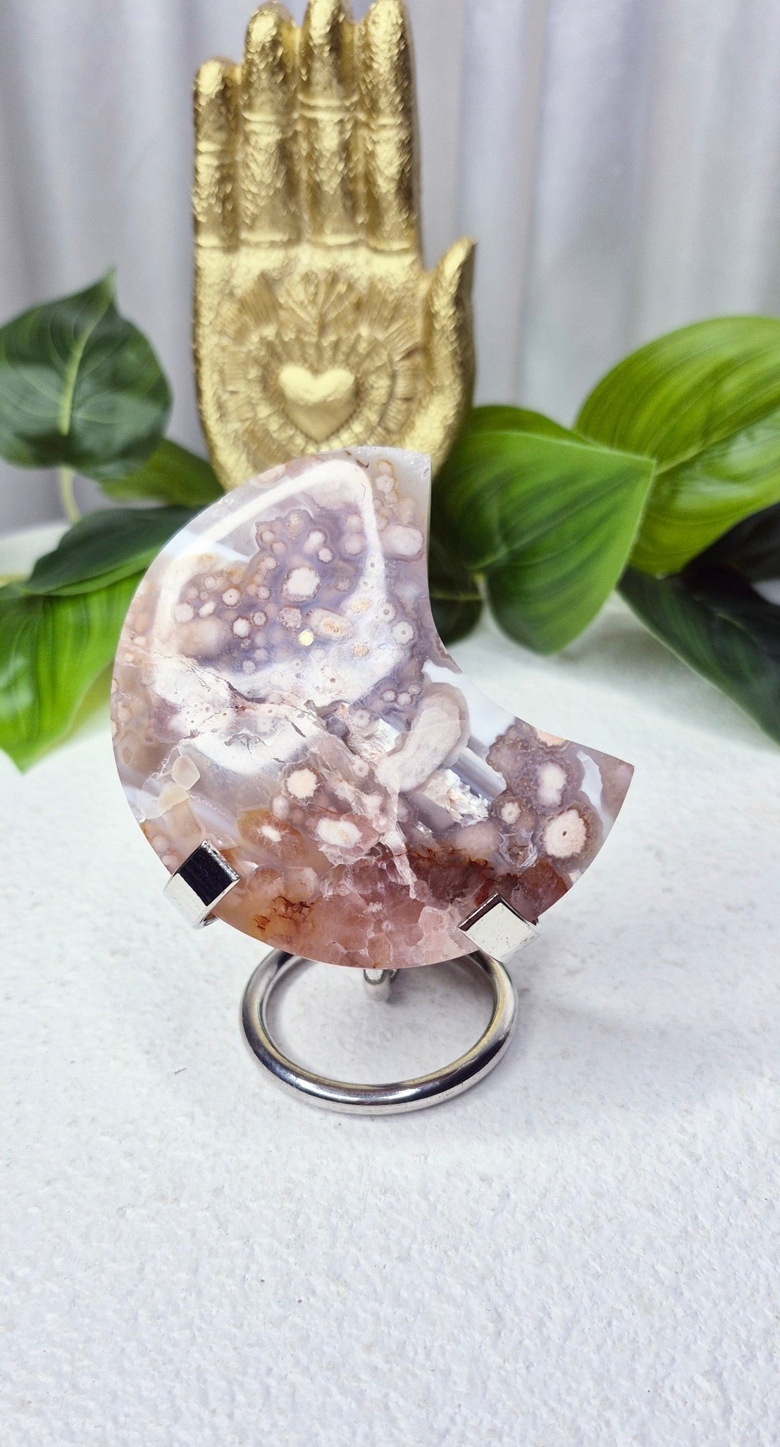 Pink Amethyst x Flower Agate Moon Carving on Stand #A