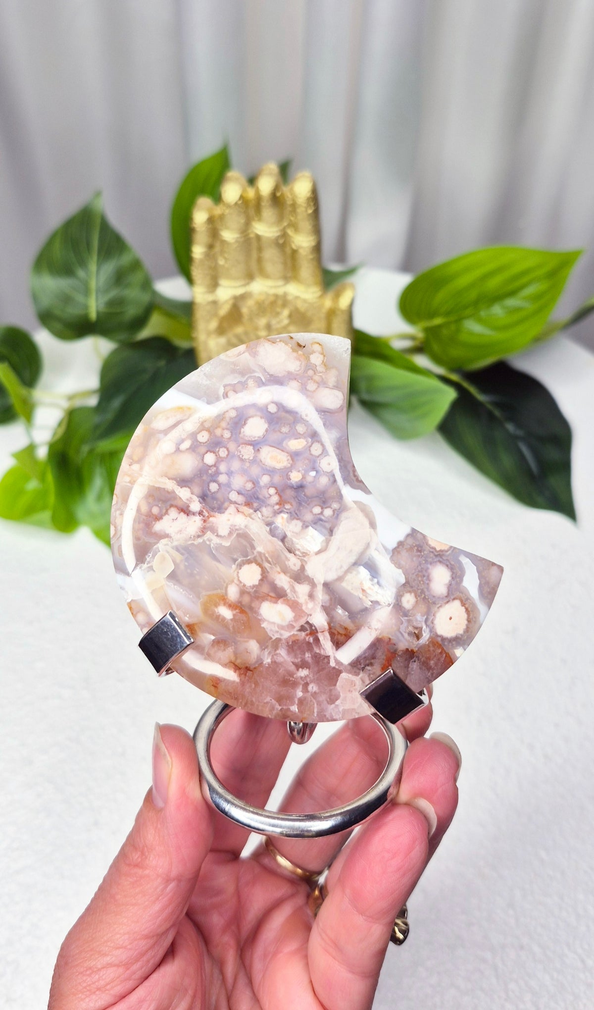 Pink Amethyst x Flower Agate Moon Carving on Stand #A