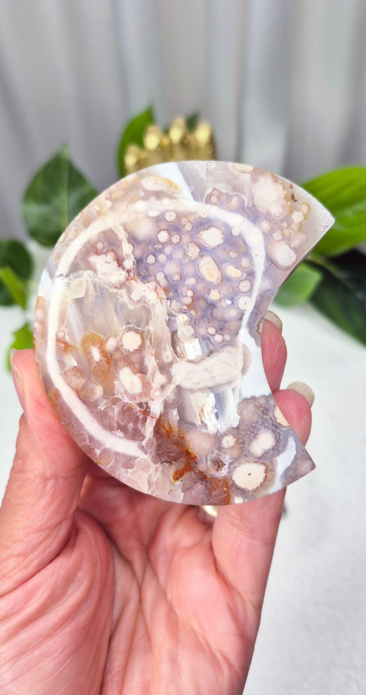 Pink Amethyst x Flower Agate Moon Carving on Stand #A
