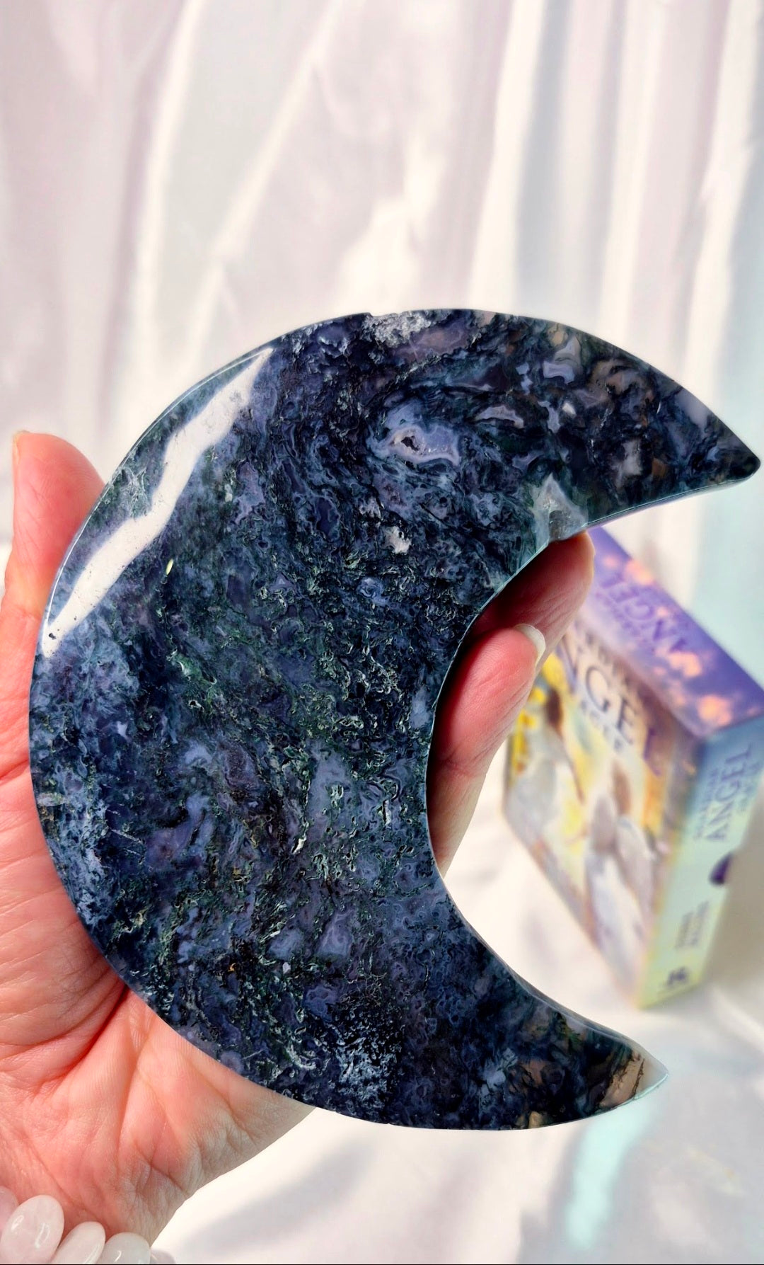 Large Moss Agate Moon Carving on Stand  #A