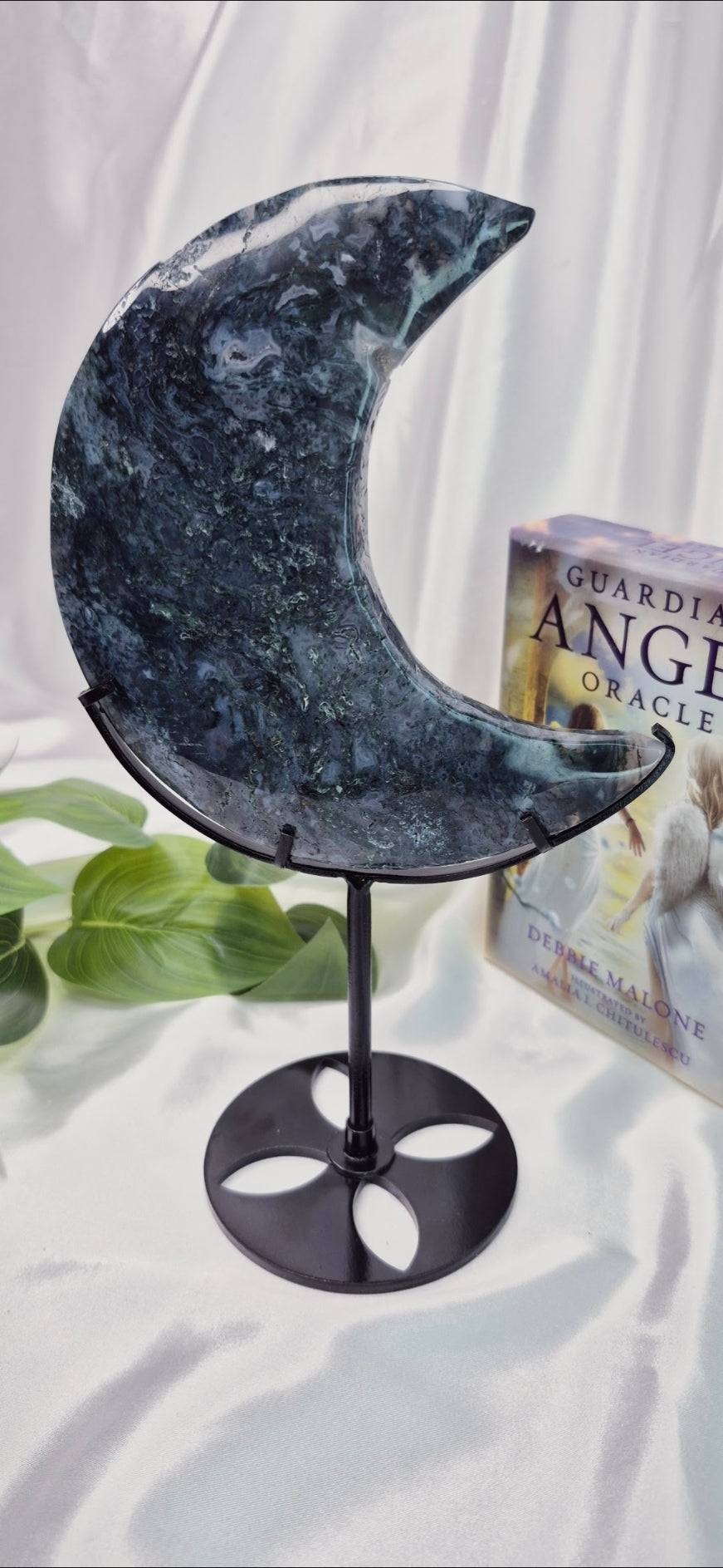 Large Moss Agate Moon Carving on Stand  #A