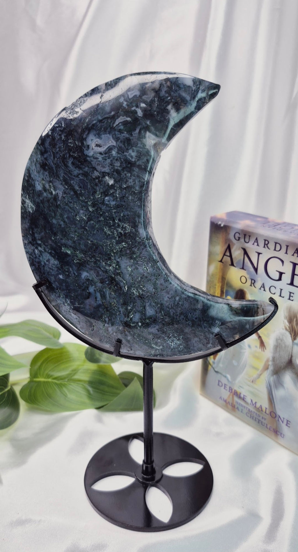 Large Moss Agate Moon Carving on Stand  #A